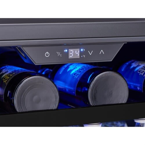 Digital temperature control panel showing 34°F with bottles inside a stainless steel beverage center from Refrigerators collection