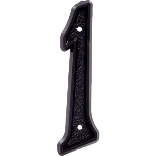 Matte black plastic number 1 house address marker with textured surface for tools and home improvement use