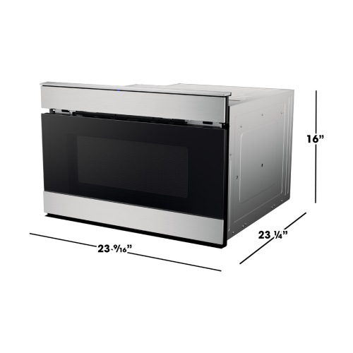 Stainless steel flat panel microwave drawer with black glass front from built-in microwaves and kitchen appliances collection