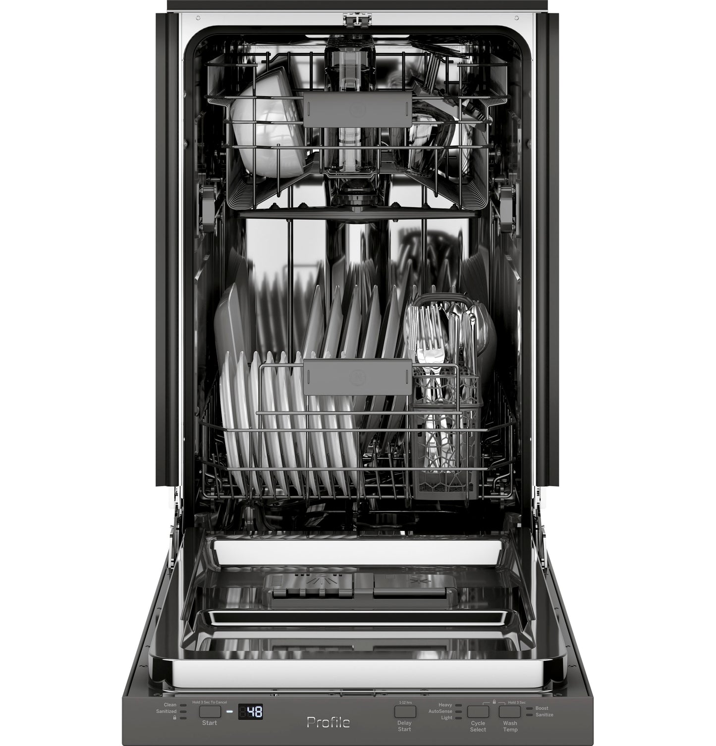 Open stainless steel dishwasher interior loaded with plates and utensils, part of dishwashers and kitchen appliances collection