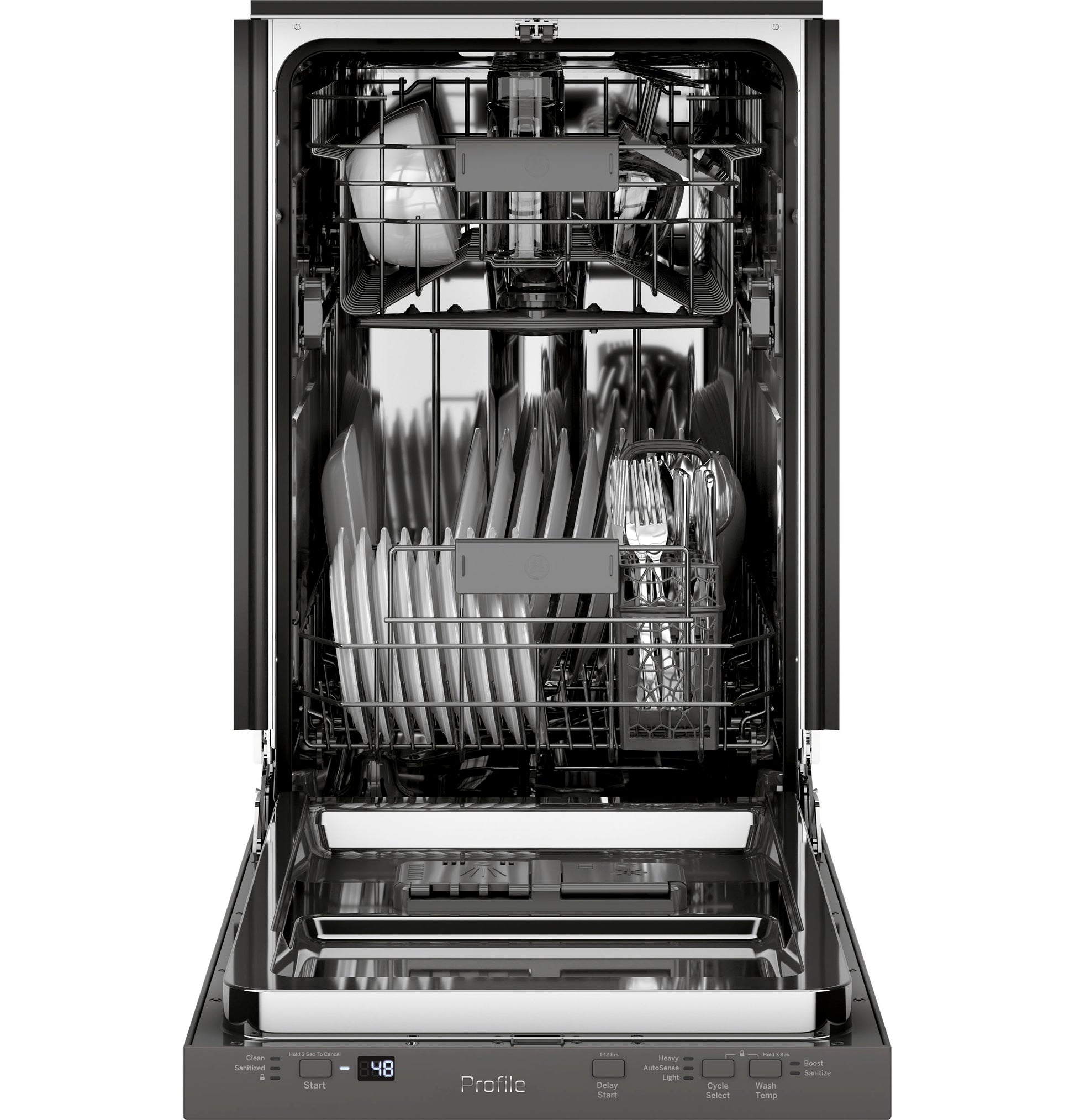 Open stainless steel dishwasher interior loaded with plates and utensils, part of dishwashers and kitchen appliances collection