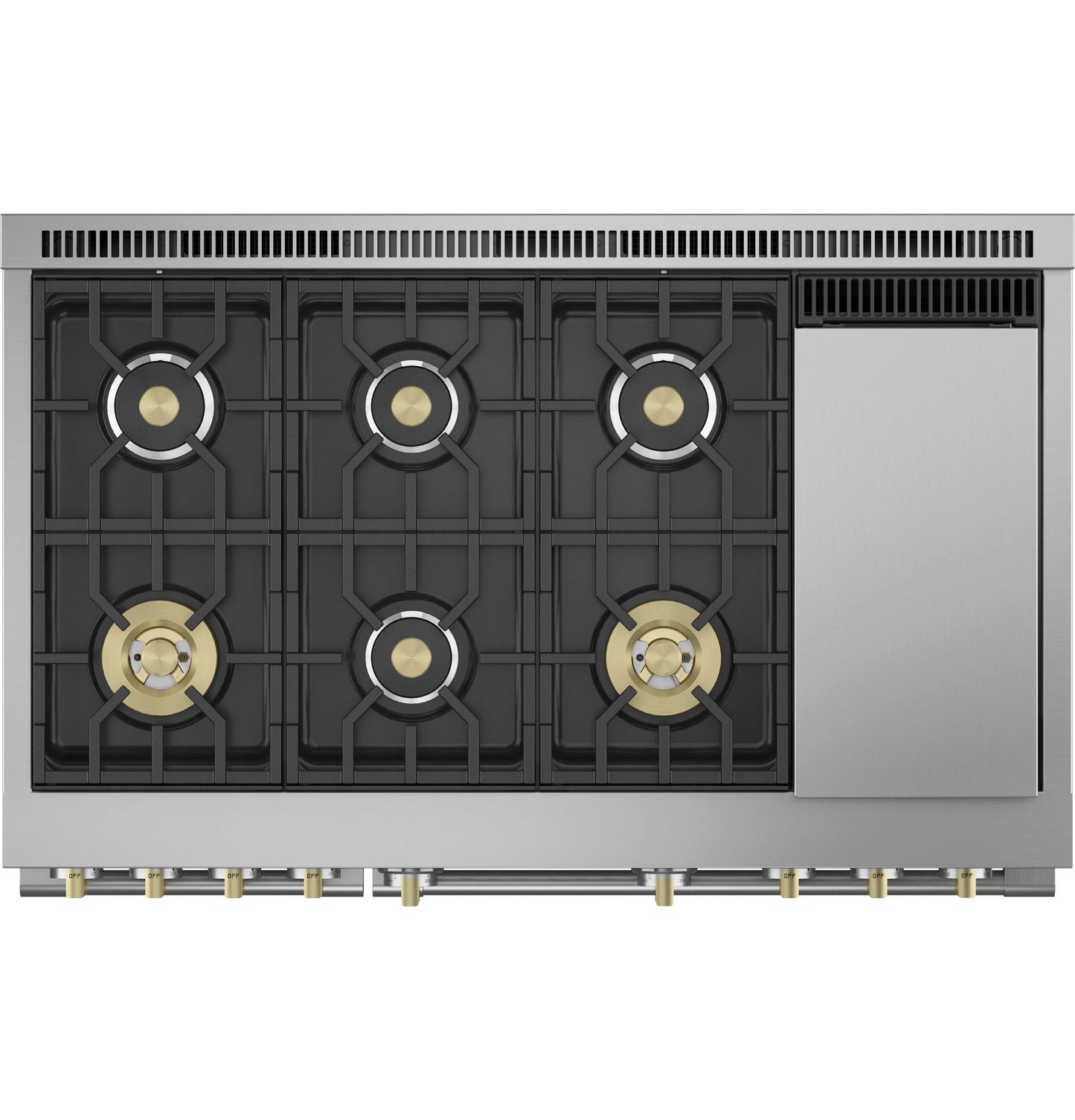 Top view of stainless steel gas range with six burners and side griddle in ranges and kitchen appliances collection