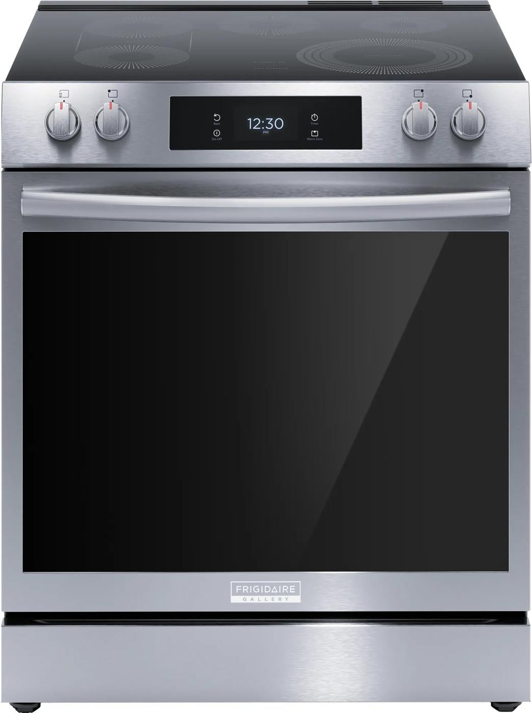 Front view of stainless steel electric range with glass cooktop, digital display, and front control knobs in kitchen appliances collection