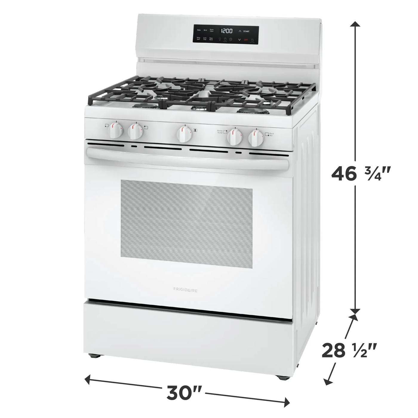 White 30-inch gas range with five burners, front control knobs, digital display, and oven window in kitchen appliance collection