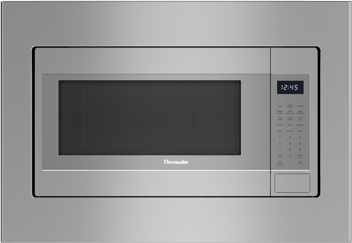 Stainless steel built-in microwave with left side opening door and digital control panel in kitchen appliances collection