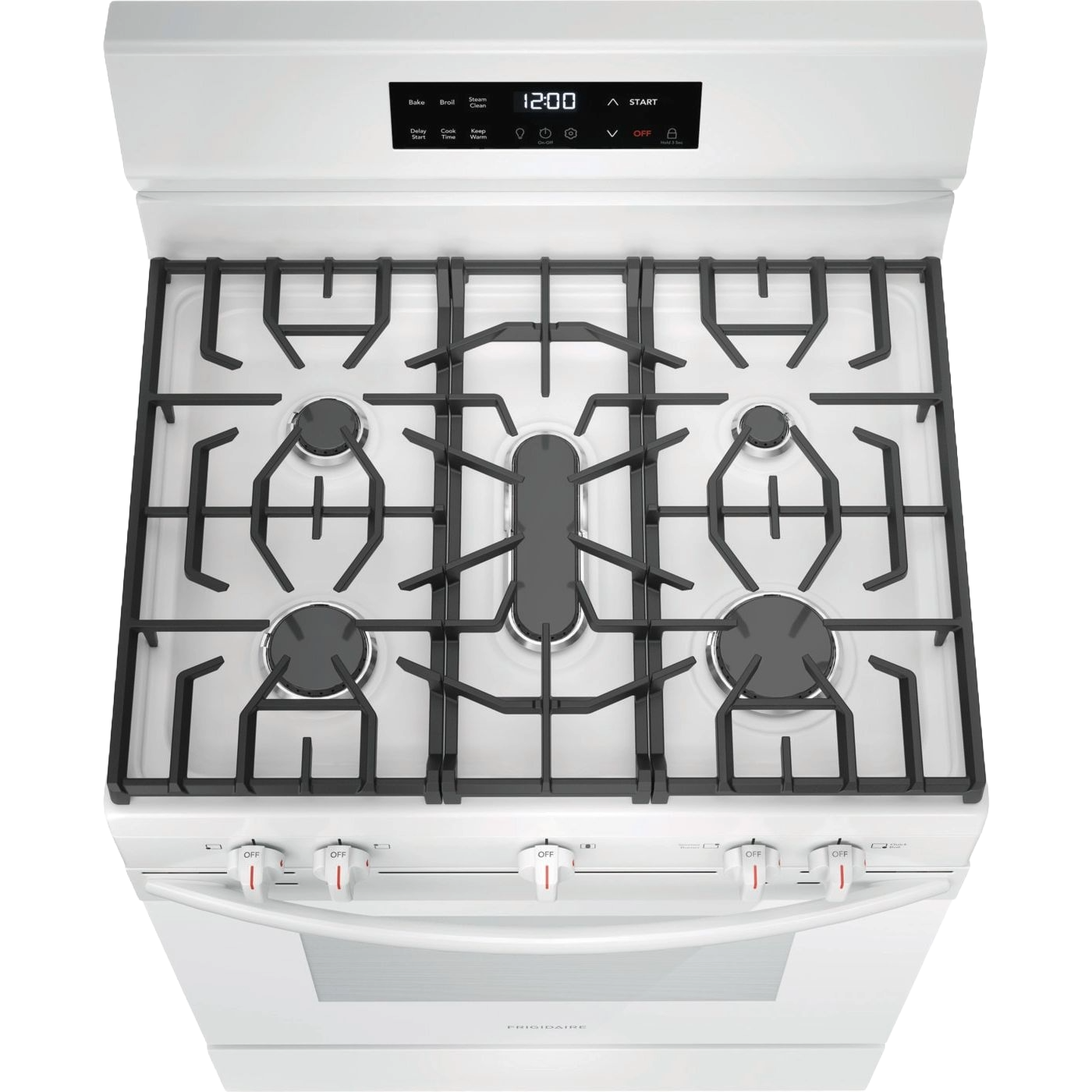 White 30-inch gas range with five burners, including center oval burner and digital control panel from kitchen appliances collection