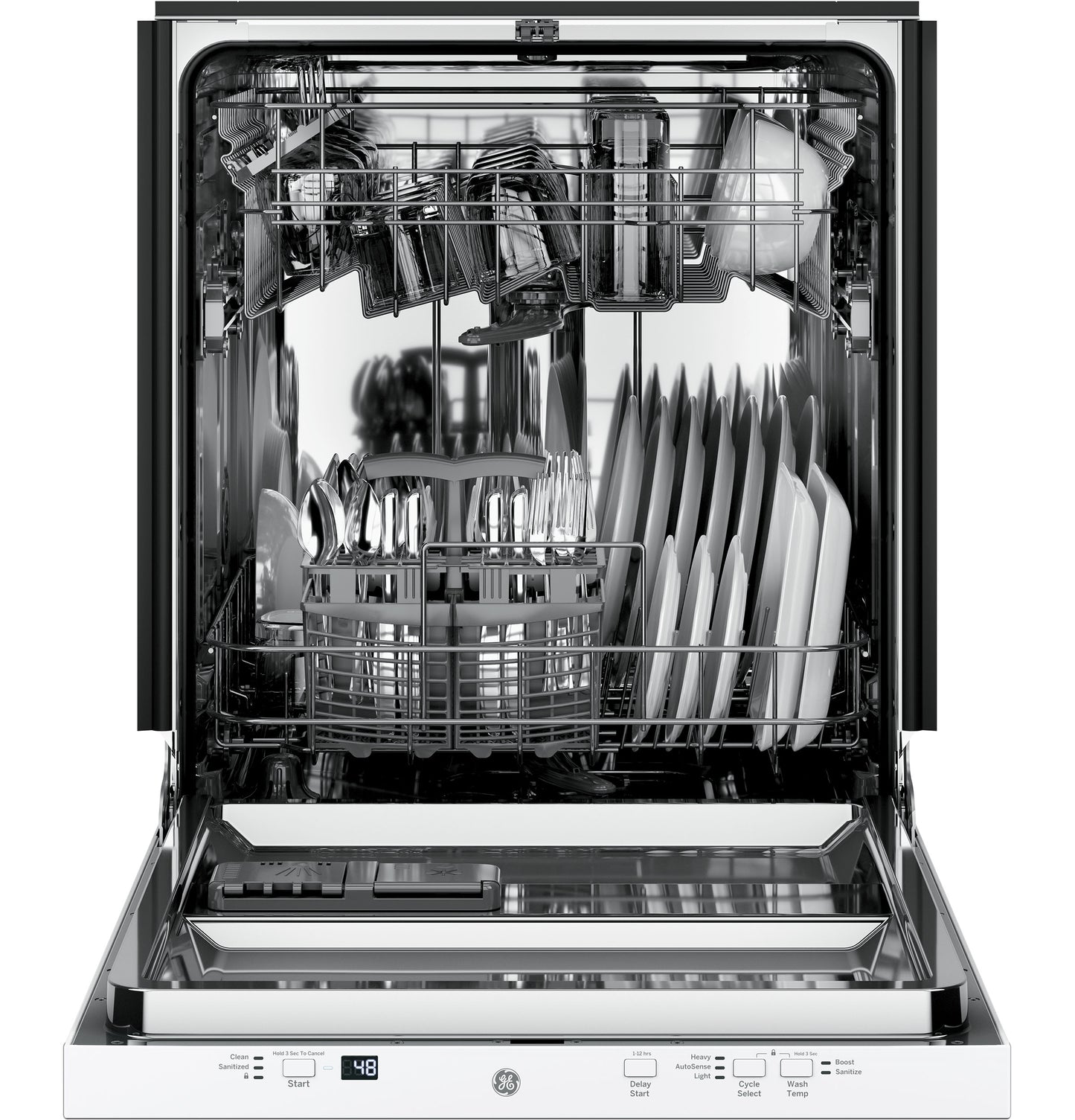 Open stainless steel dishwasher loaded with dishes, utensils, and glassware in racks for kitchen appliances and home improvement.