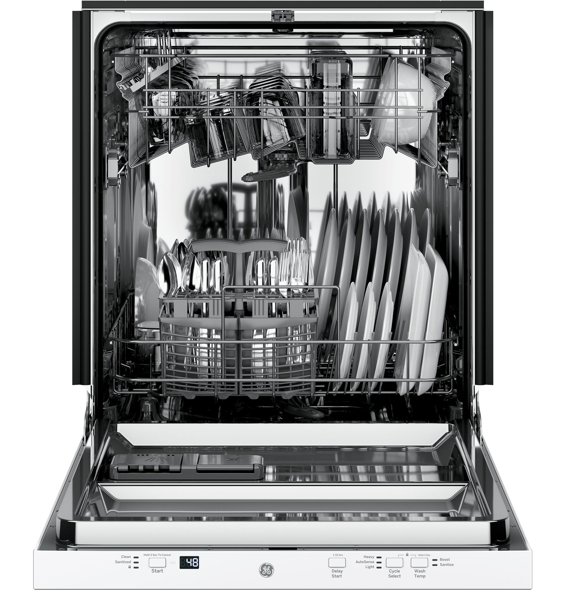 Open stainless steel dishwasher loaded with dishes, utensils, and glassware in racks for kitchen appliances and home improvement.