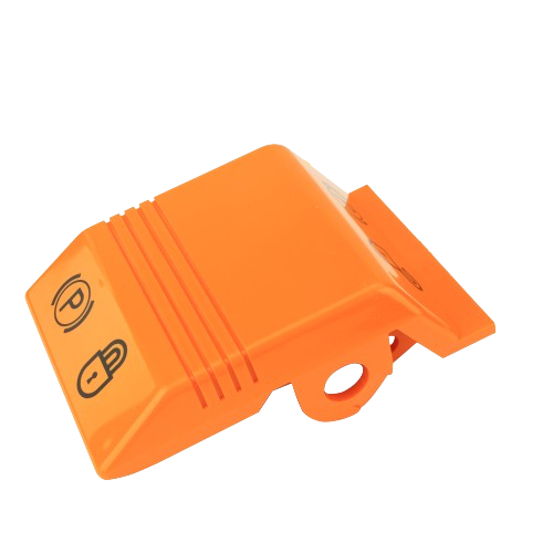 Orange parking brake handle with embossed lock and brake symbols for John Deere parts and home improvement collections