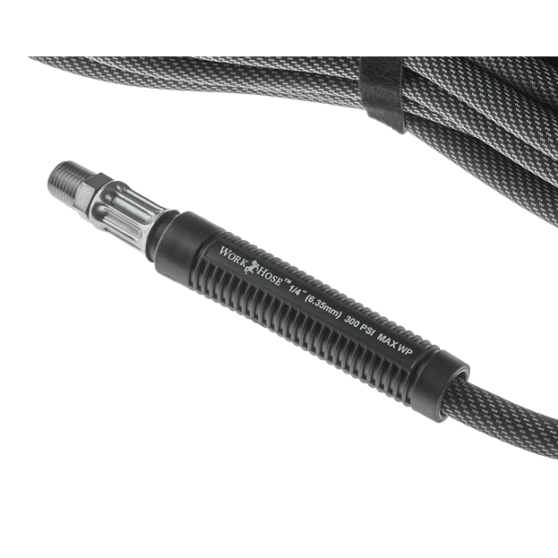 Durable black braided 1/4 inch high-pressure air hose with metal fitting for air tools and home improvement projects
