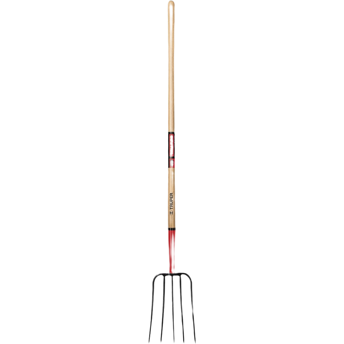 48-inch wood-handled pitch fork with five tines for gardening and home improvement tasks