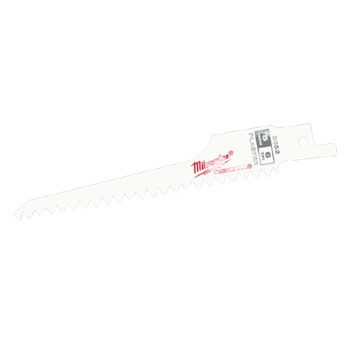 White metal reciprocating saw blade with Milwaukee logo and 6 teeth per inch for home improvement projects
