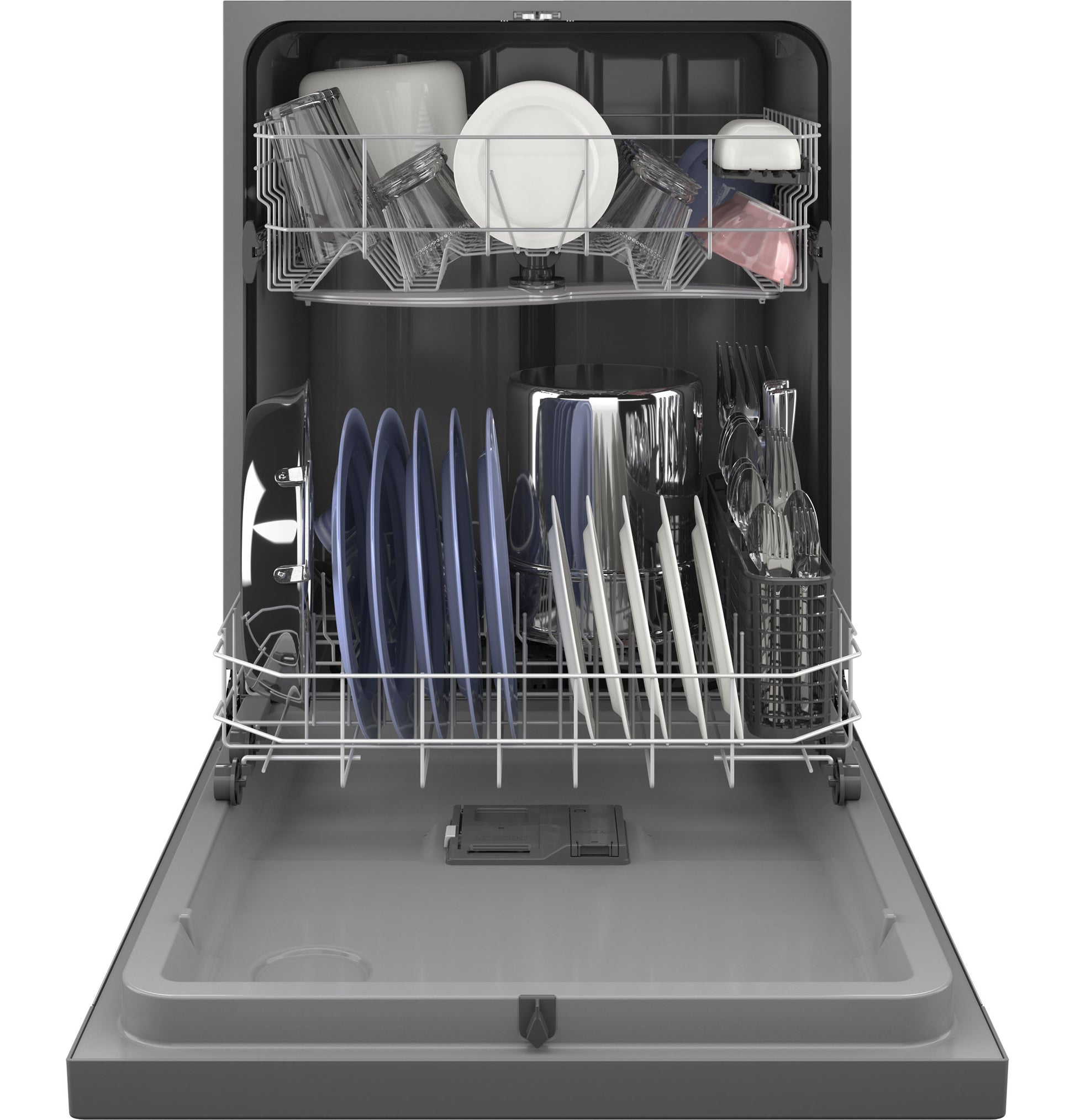 Open GE ENERGY STAR dishwasher with front controls loaded with dishes, glasses, and utensils in Kitchen appliance collection
