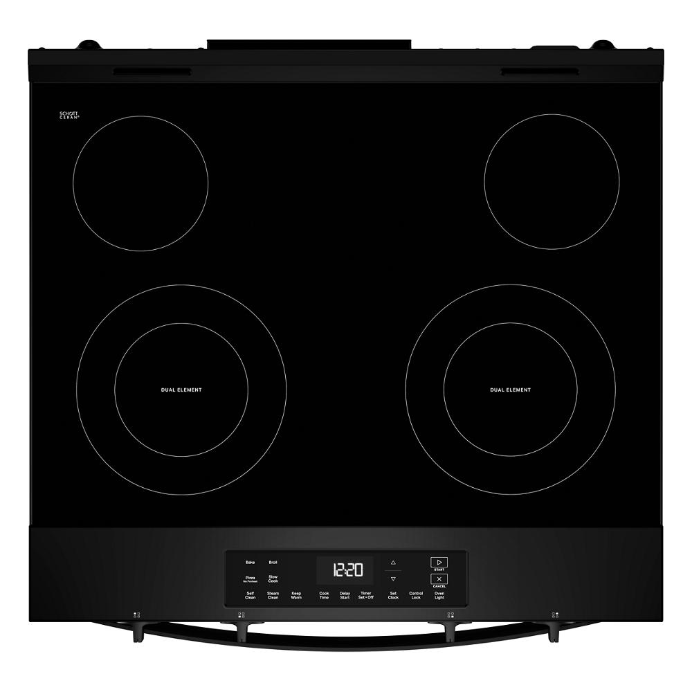 Black electric cooktop with four burners, dual element zones, and digital touch controls in appliances collection