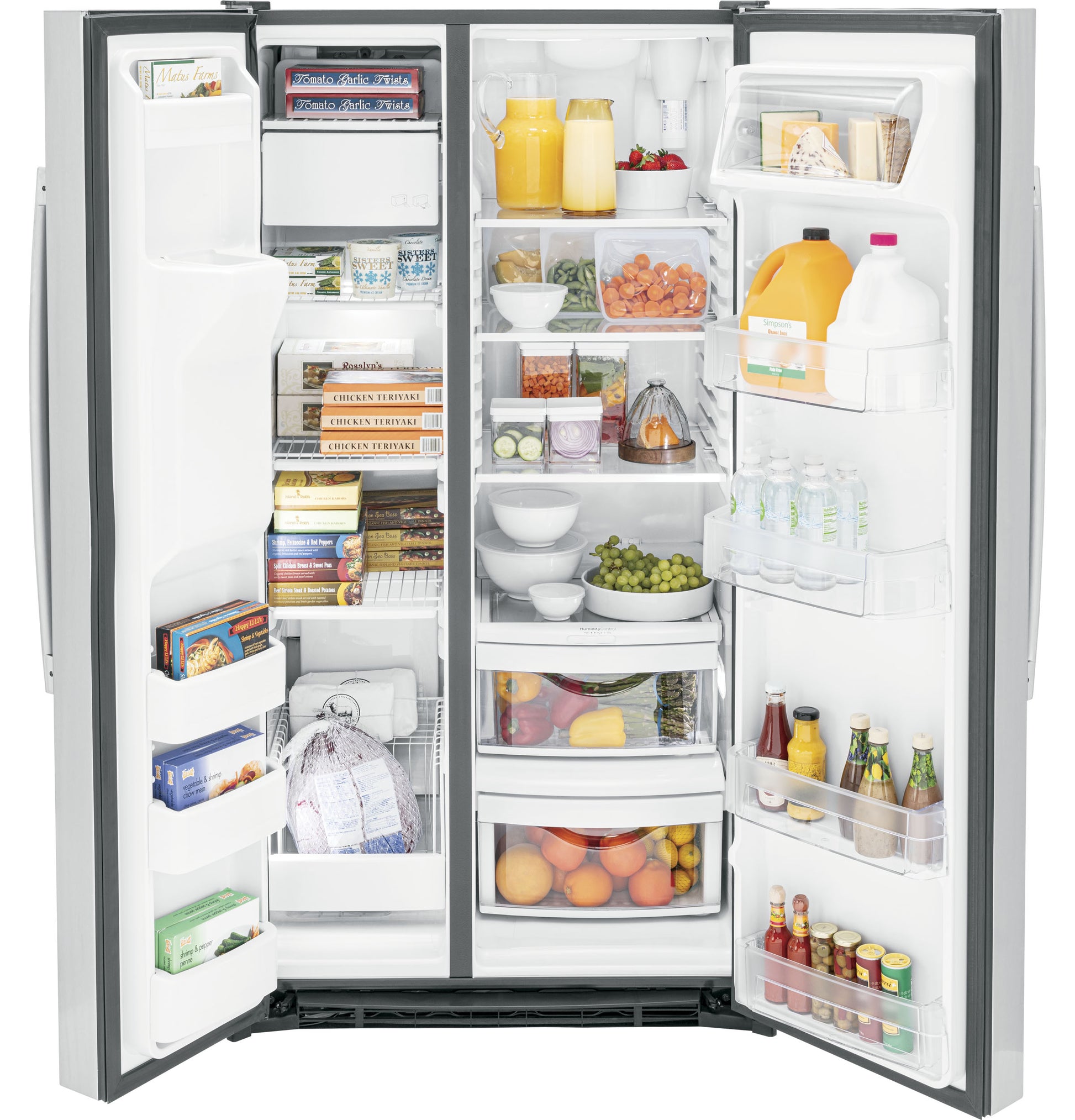 Open stainless steel side-by-side refrigerator fully stocked with food and beverages from appliances collection