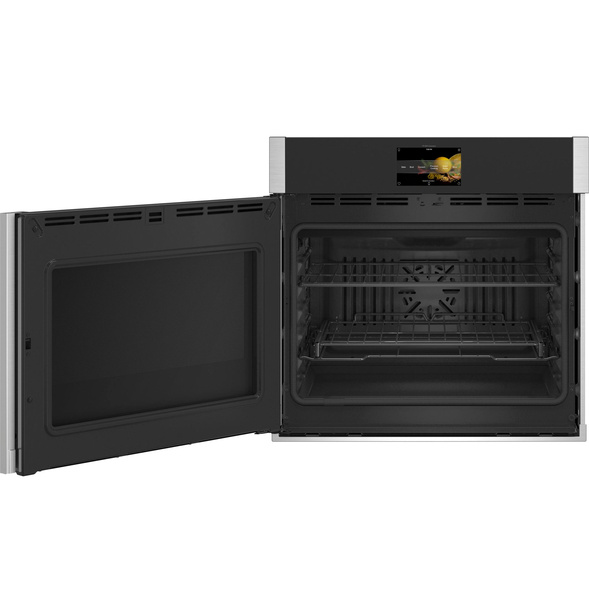 Open stainless steel smart built-in single wall oven with touchscreen and left-hand side-swing door from kitchen appliances collection
