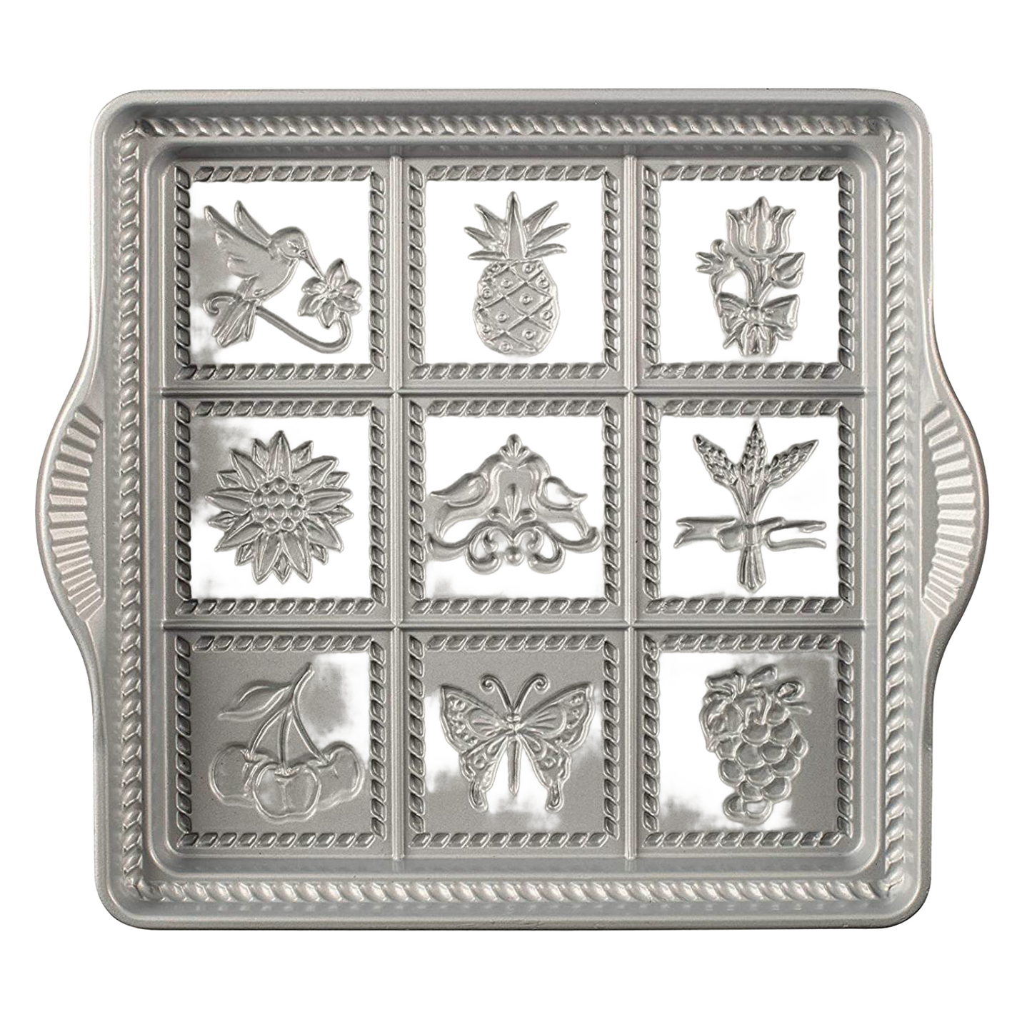 Square metal shortbread pan with embossed floral, fruit, bird, and butterfly designs, kitchenware under 50 collection