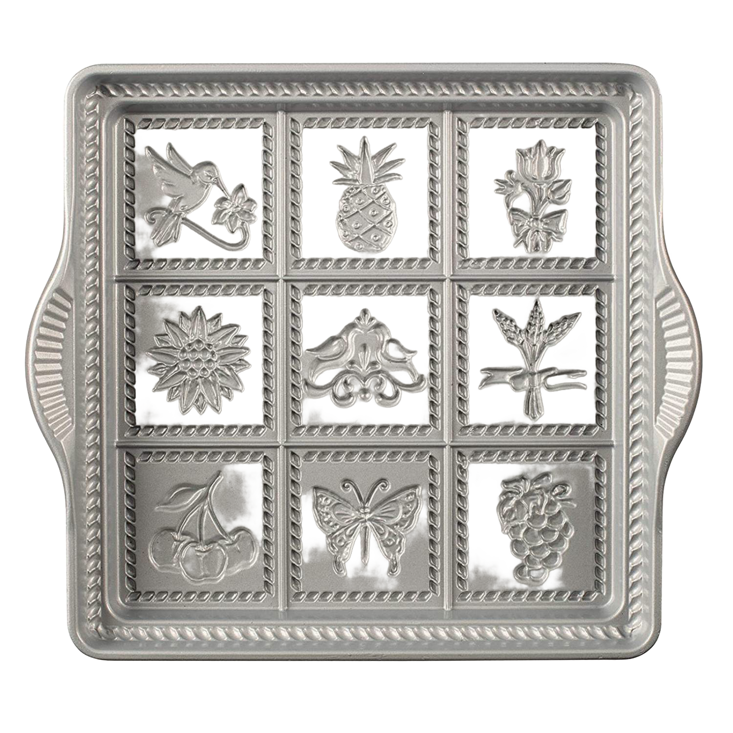 Square metal shortbread pan with embossed floral, fruit, bird, and butterfly designs, kitchenware under 50 collection