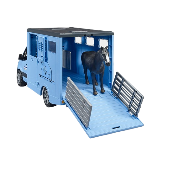Blue toy animal transporter with ramp and black horse figure from Bruder Toys in Vehicles & Remote Controlled Toys collection