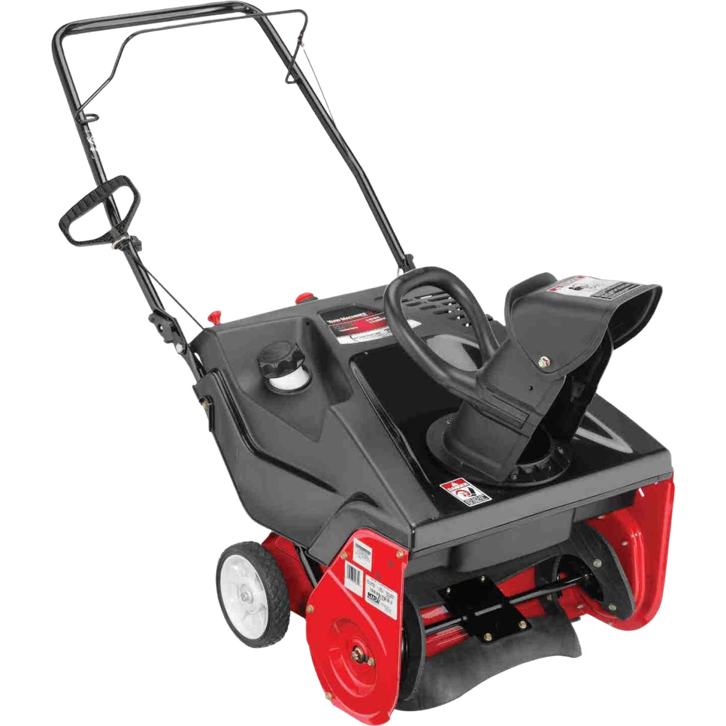 Red and black single-stage gas snow blower with chute control handle and durable wheels for winter home improvement tasks