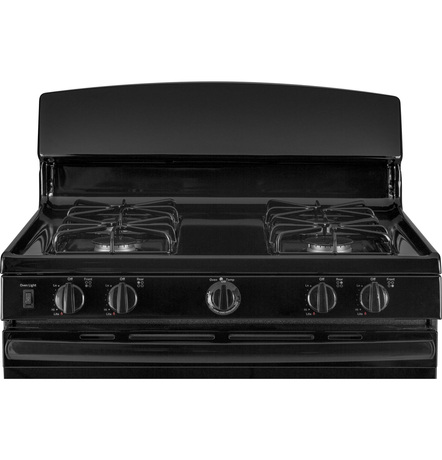 Black free-standing gas range with four burners and control knobs on front panel in kitchen appliance setting