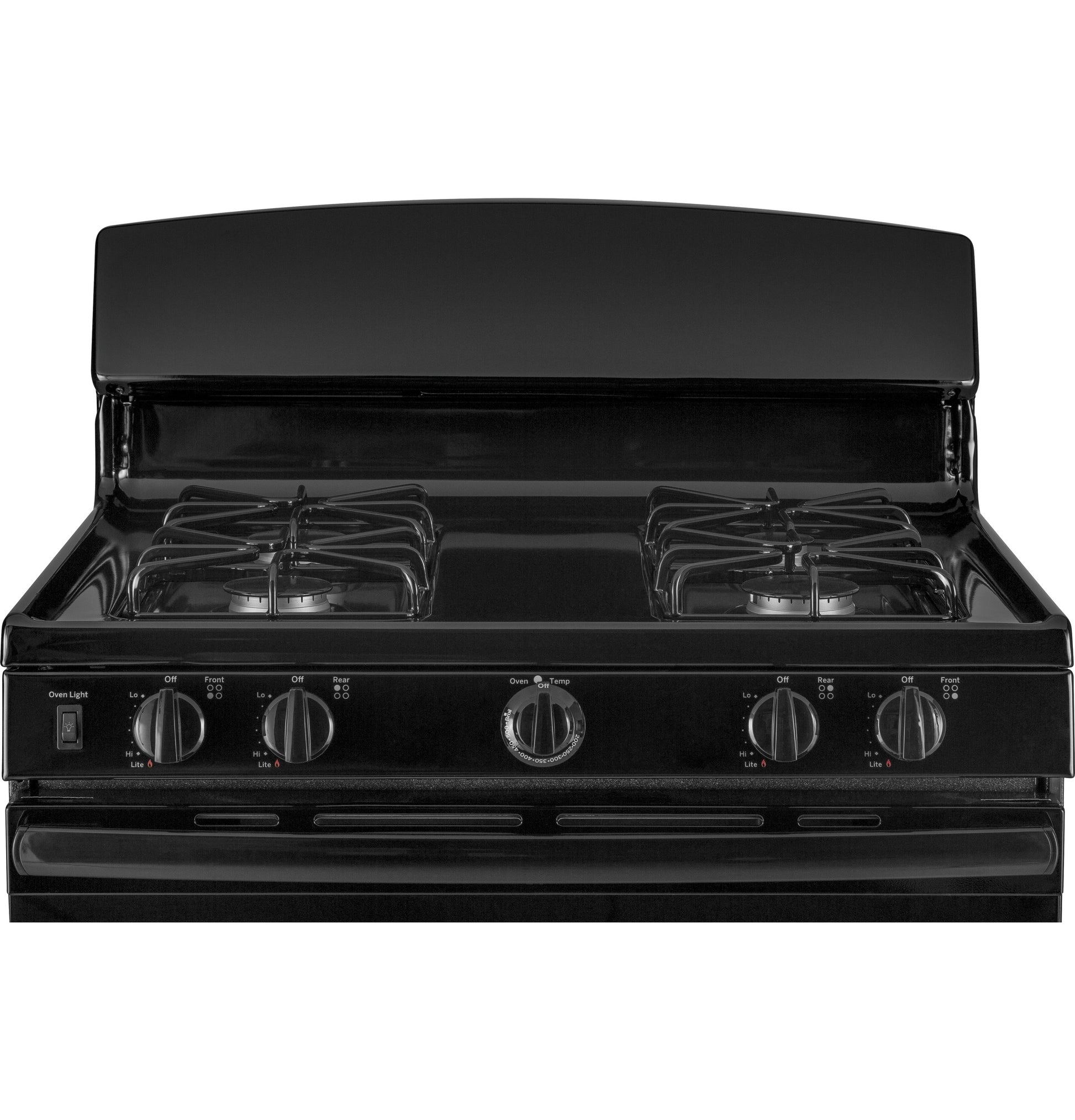 Black free-standing gas range with four burners and control knobs on front panel in kitchen appliance setting