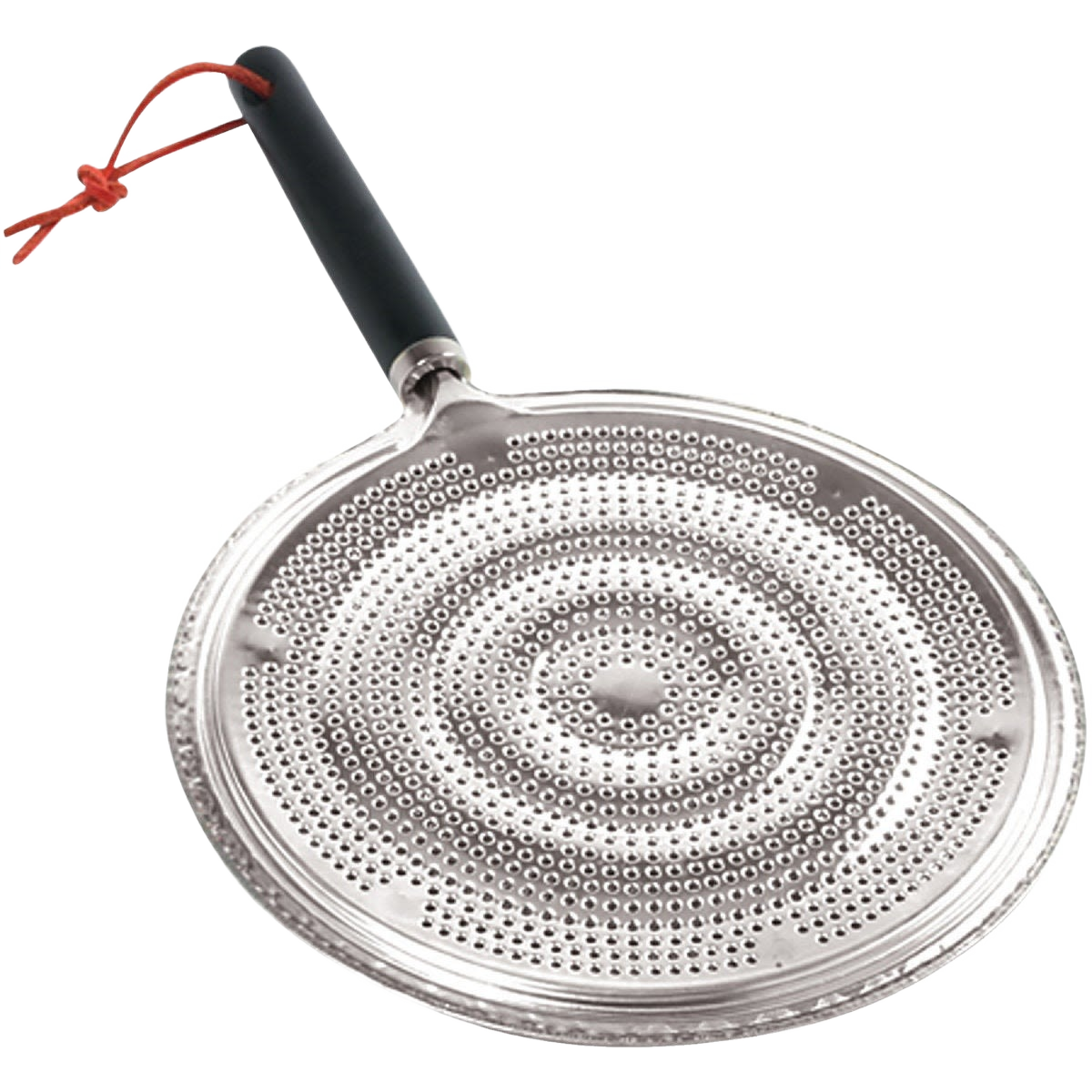 Round metal cookware heat diffuser with perforations and black handle in kitchen gadgets and tools collection