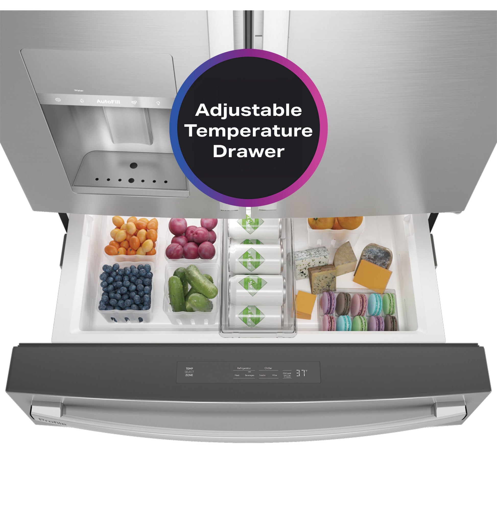 Open adjustable temperature drawer in stainless steel refrigerator with assorted fruits, cheese, and macarons inside