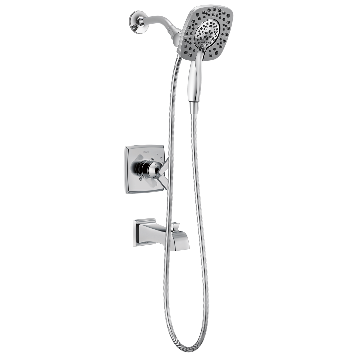 Chrome shower trim with adjustable handheld sprayer, wall-mounted control valve, and sleek modern design for home improvement.