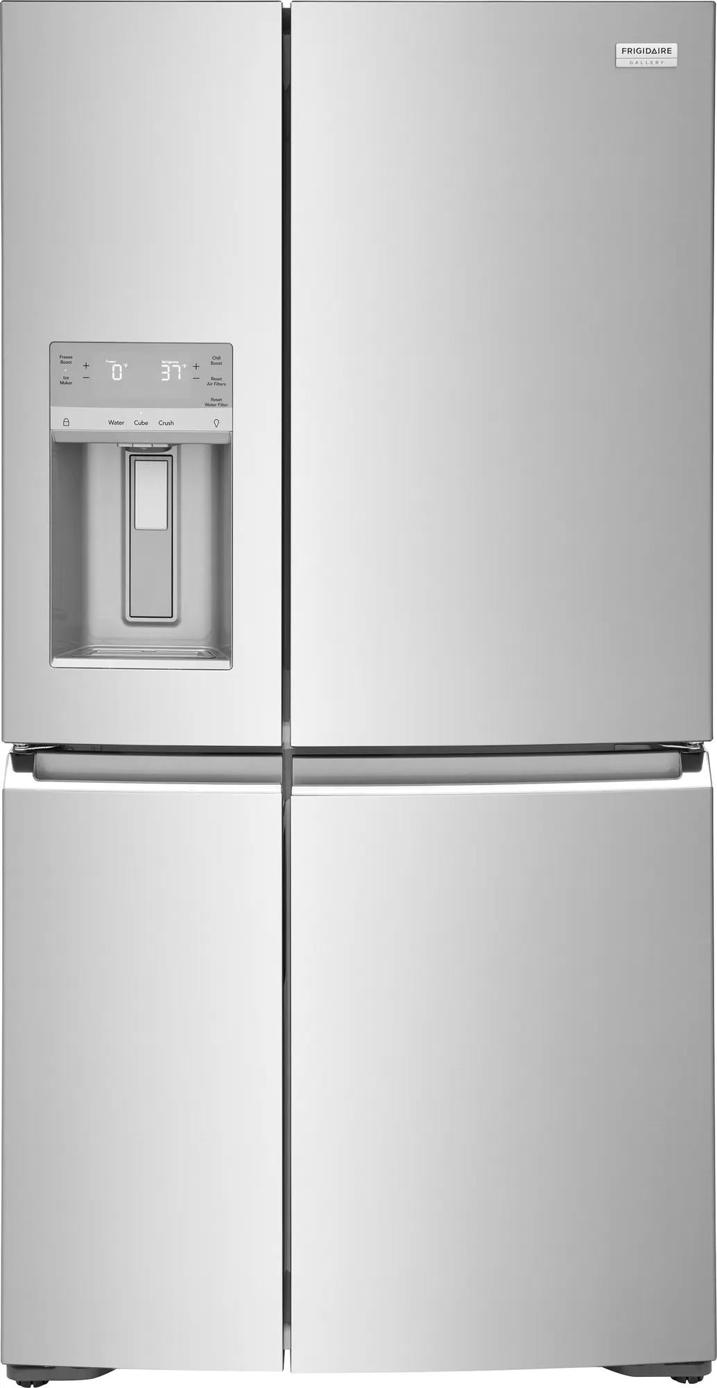 Brushed stainless steel counter-depth four-door refrigerator with external dispenser in kitchen appliances collection