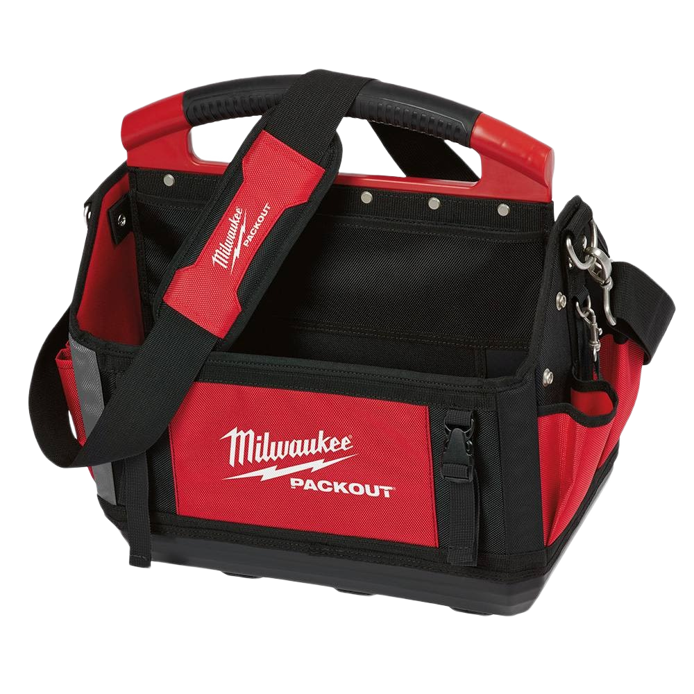 Compact red and black Milwaukee PACKOUT tote with reinforced handle and multiple pockets for tool organization and transport