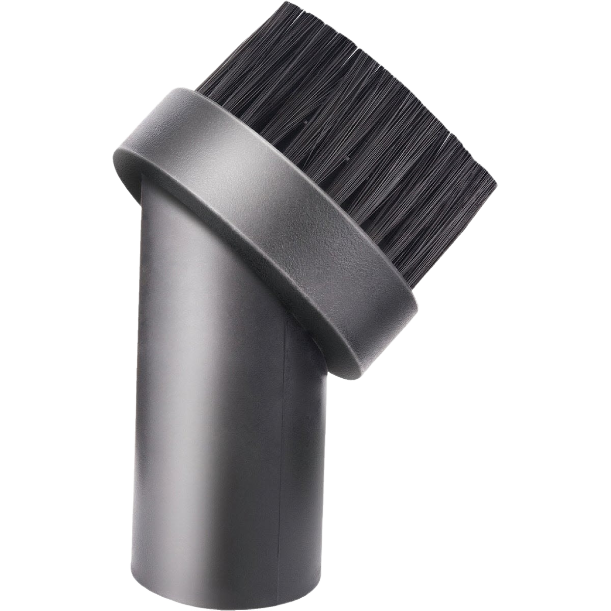 Black round vacuum brush attachment with angled bristles for cleaning and dusting in home improvement tasks