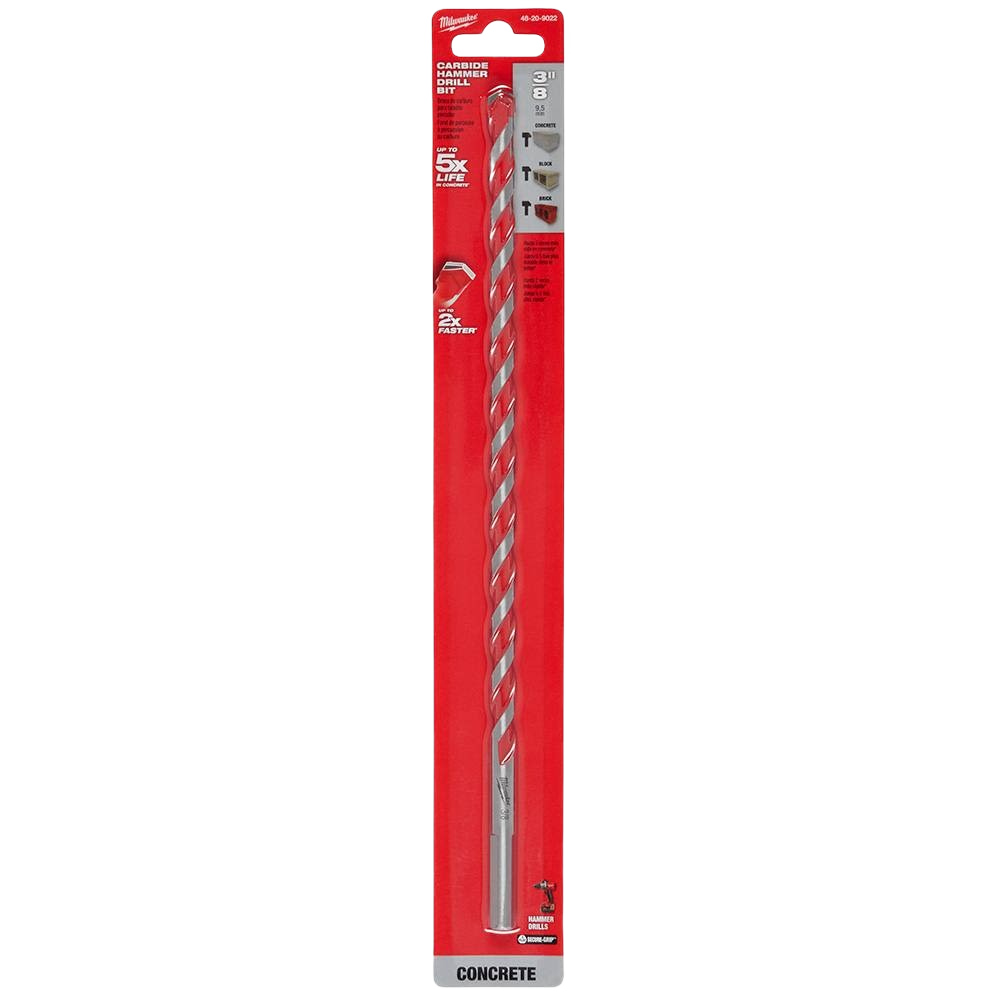 3/8" x 12" carbide-tipped hammer drill bit packaged for drilling concrete in power tool accessories and home improvement collections