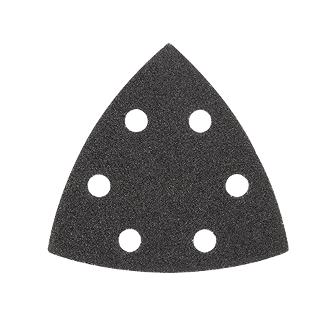 Triangular black abrasive sanding sheet with seven dust collection holes for power tool accessory use in home improvement.
