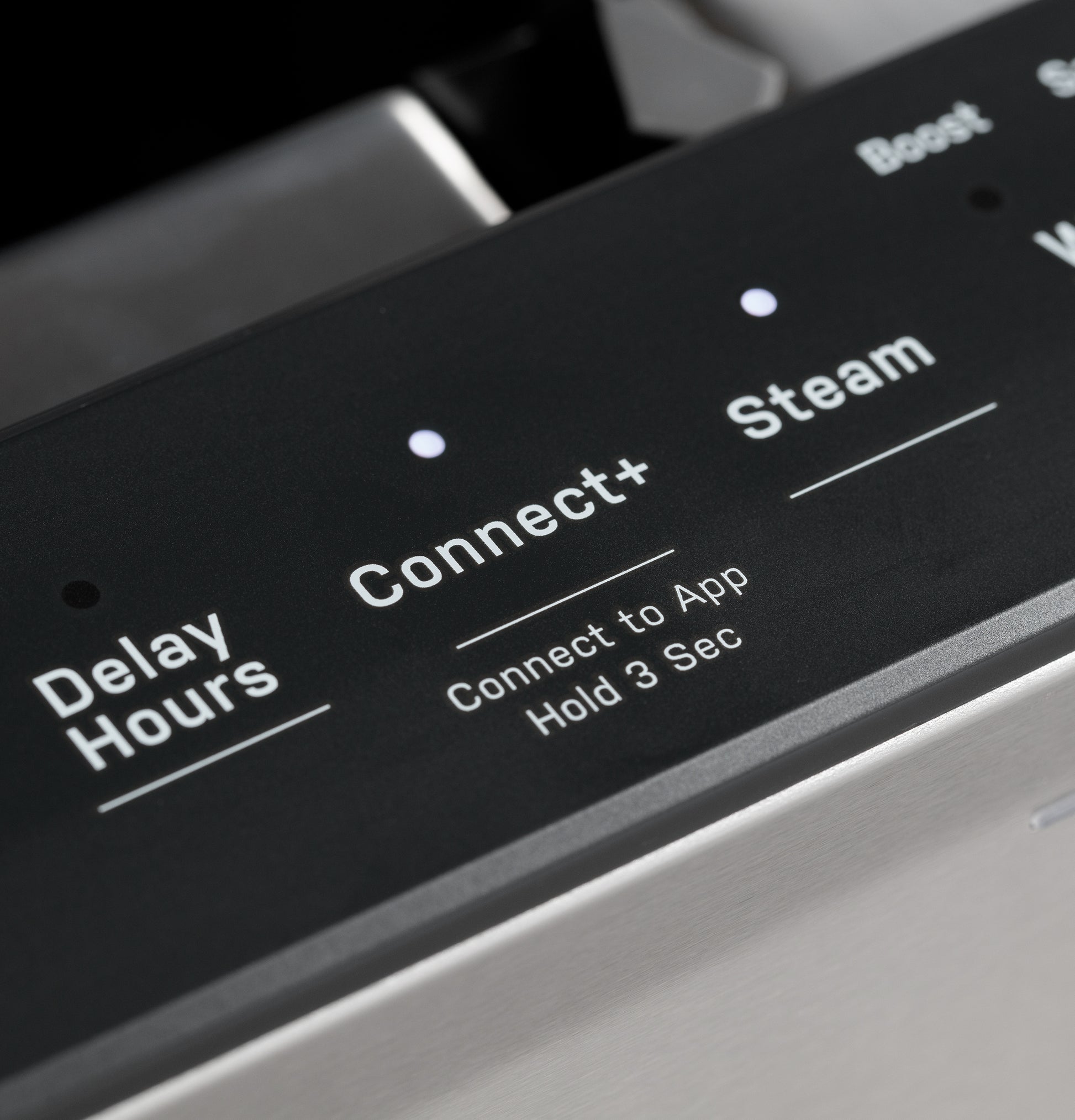 Close-up of dishwasher control panel showing delay hours, connect+ app link, and steam cycle options from Kitchen appliances collection