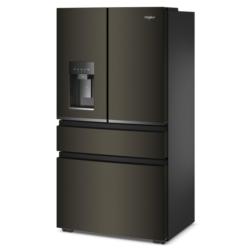 36-inch wide black stainless steel Whirlpool French door refrigerator with four doors, external water dispenser, and spacious freezer drawers at Hartville Hardware.