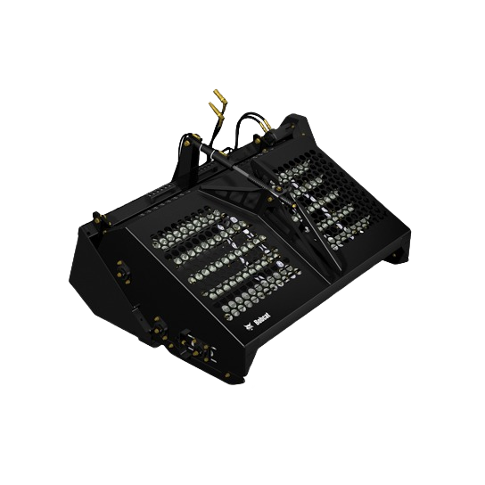 Black metal landscape rake attachment with perforated design and hydraulic connections, suited for earthmoving and landscaping rental equipment at Hartville Hardware.