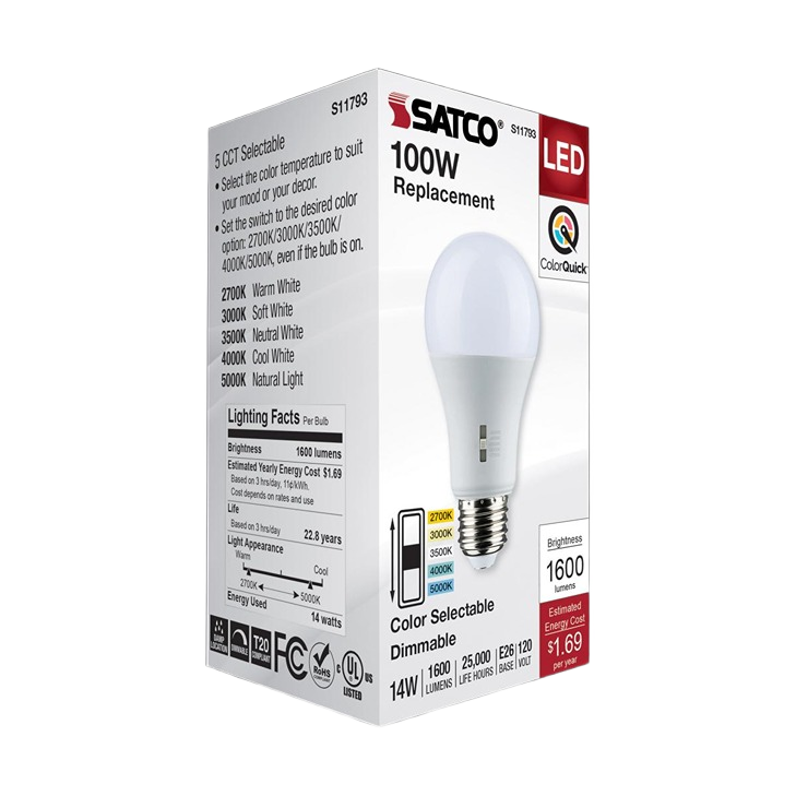 White LED bulb with medium base, 14 watts, adjustable color temperature, energy-saving and dimmable for home lighting.