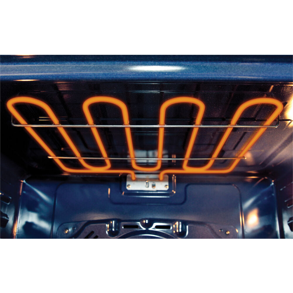 Heated glowing orange electric heating element inside modern blue oven cavity from kitchen appliances collection