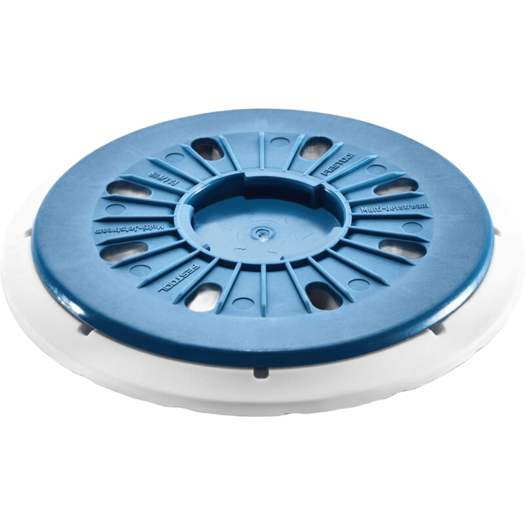 Round blue and white plastic backing pad designed for power sanding tools in home improvement projects