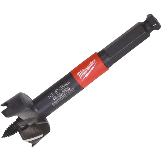 Milwaukee SWITCHBLADE hole saw bit with red collar and selfeed screw for woodworking tools and home improvement tasks
