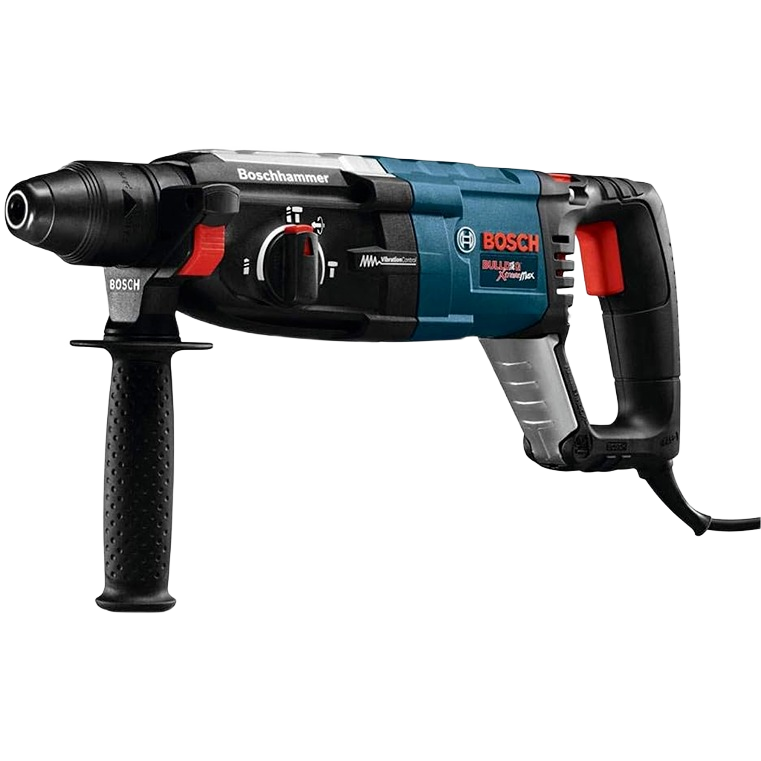Bosch 8 Amp Xtreme rotary hammer drill with ergonomic handle and side grip, designed for demolition and drilling in rental power tools at Hartville Hardware.