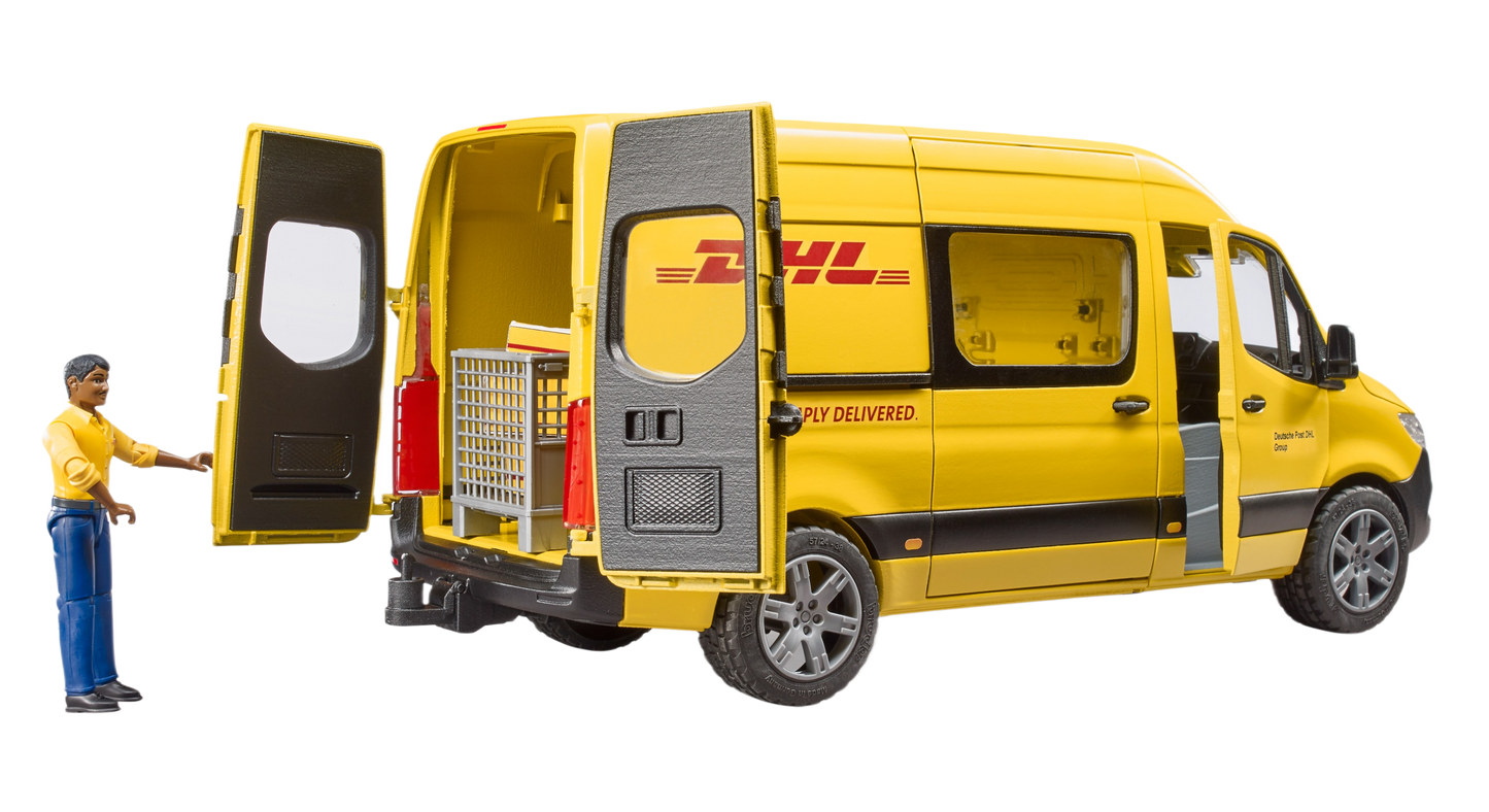 Yellow model DHL delivery van toy with open rear doors and driver figure in Vehicles & Remote Controlled Toys collection