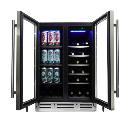 5.1 cu.ft. built-in French door beverage center with glass doors, stainless steel frame, and blue LED lighting in appliances collection