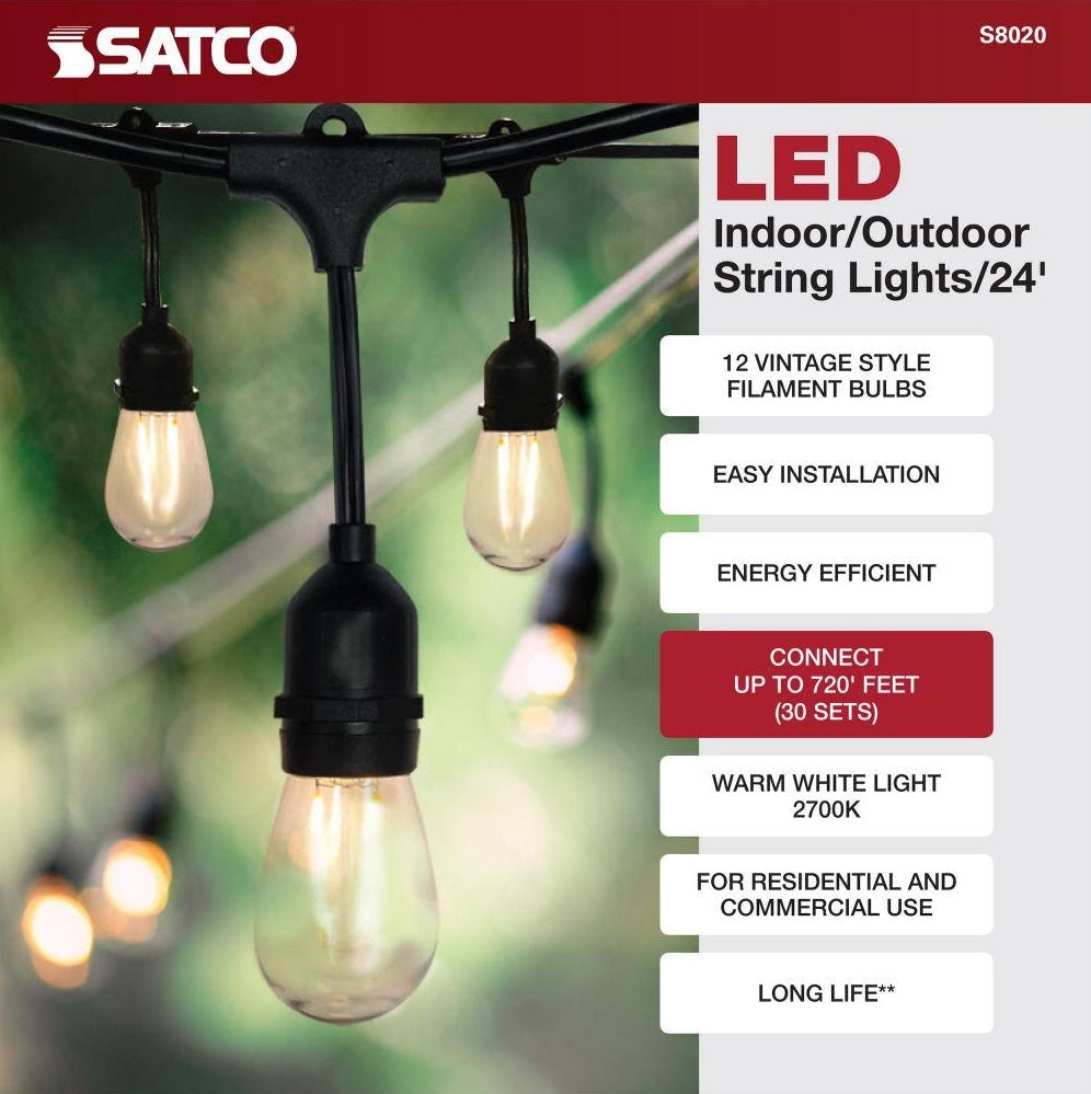 Black wire string lights with warm white vintage-style LED filament bulbs for outdoor and indoor lighting collections