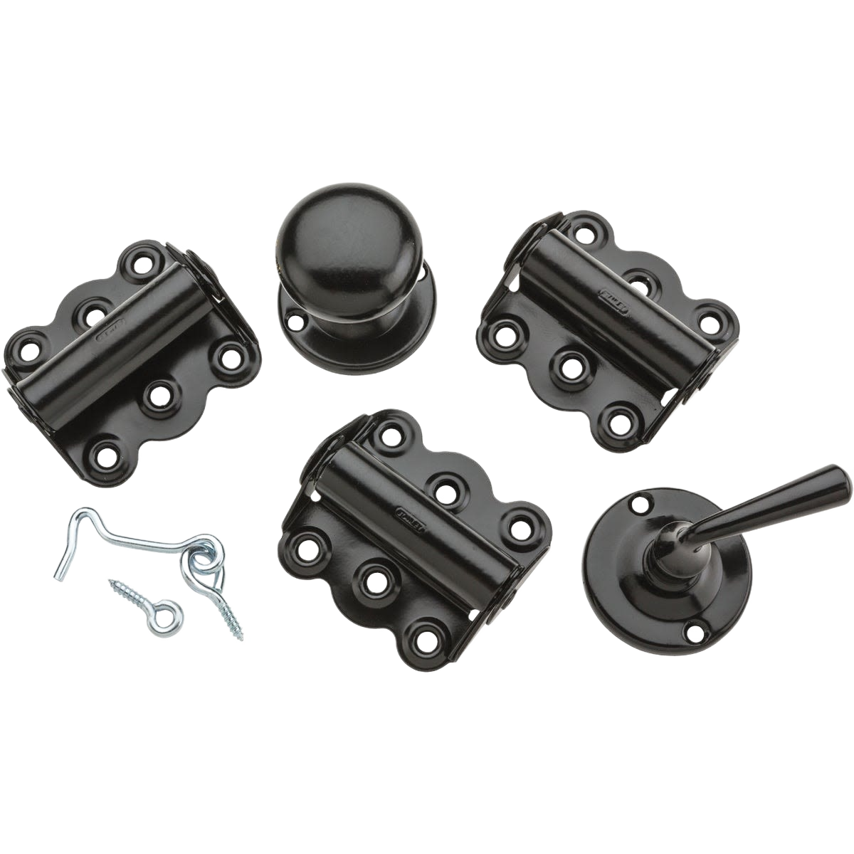 Black spring hinges, door knob, pull handle, and hook latch hardware kit for door accessories and home improvement tools collection