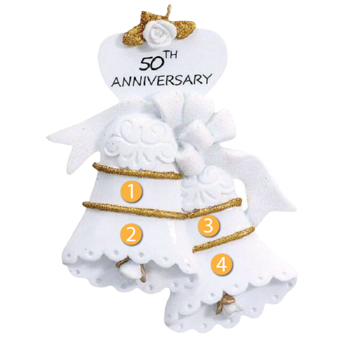 White wedding bell ornament with gold glitter accents and "50th Anniversary" text for Christmas decorations under $50