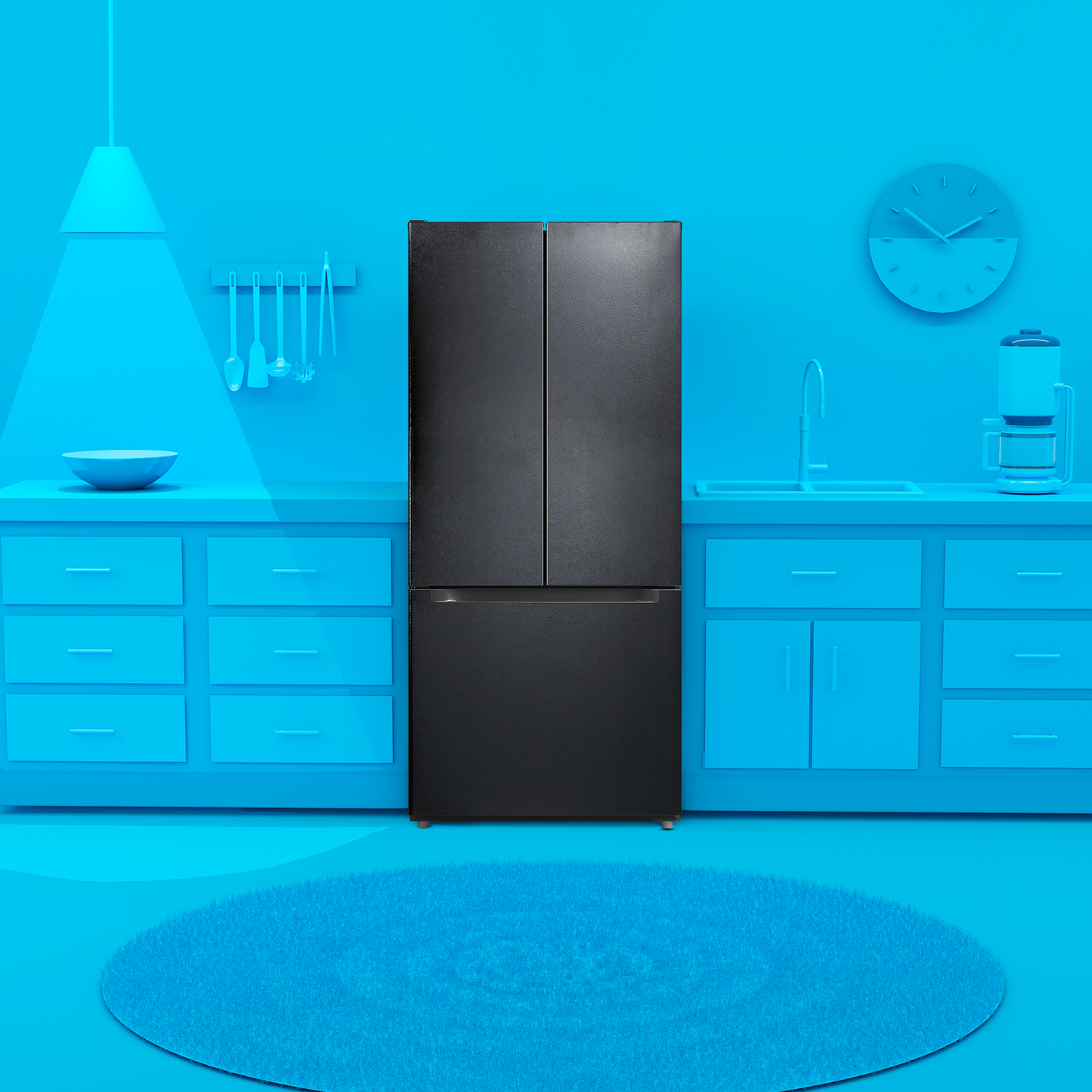 Black stainless steel French door refrigerator with bottom freezer in a blue-themed kitchen setting in appliances collection