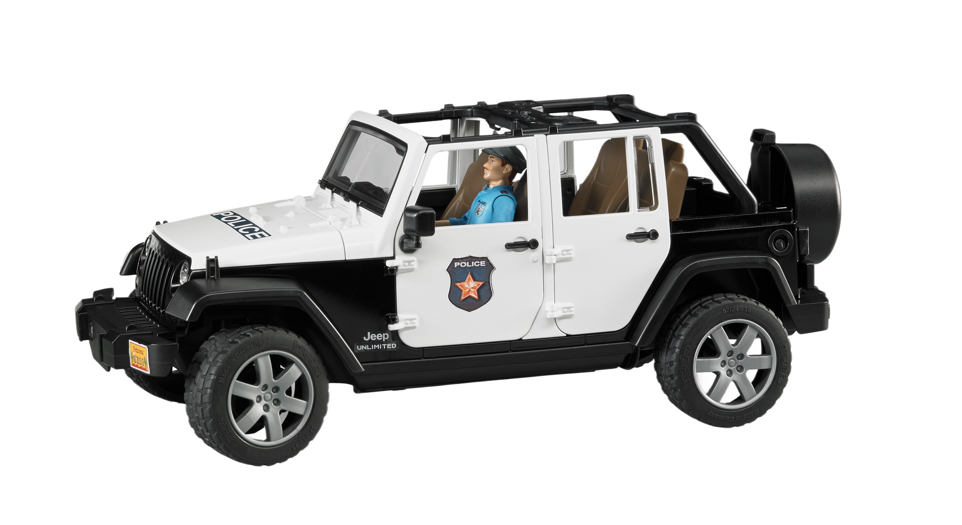 Black and white toy Jeep Wrangler police vehicle with realistic details and seated policeman figure inside