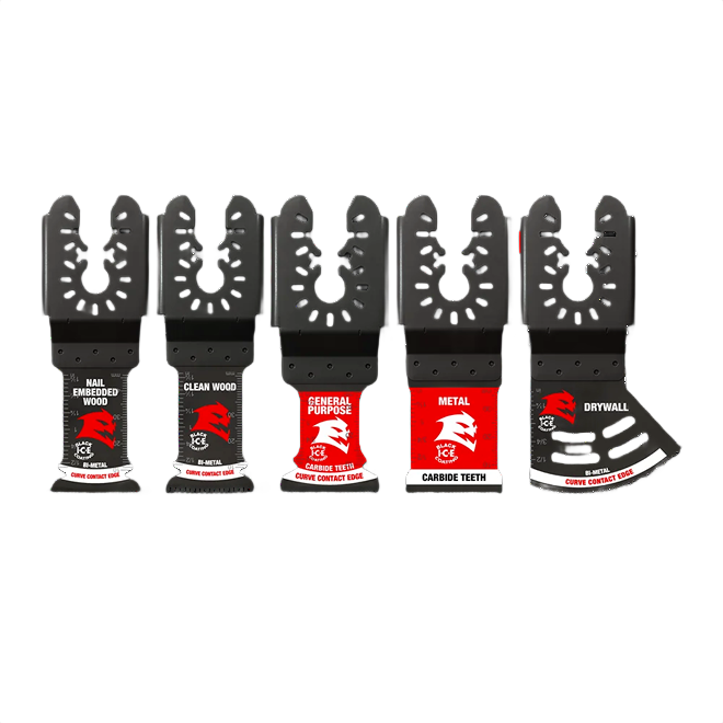 Set of five black oscillating saw blades with carbide teeth for wood, metal, drywall, and general purpose cutting tasks.